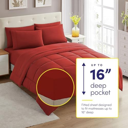 King Size Comforter Set with Sheets - 7-Piece Bedding Collection - 1 Comforter, 1 Fitted Sheet, 1 Flat, 4 Pillowcases - Deep Pocket - Soft & Breathable Premium Quality - Ideal for All Seasons, Red
