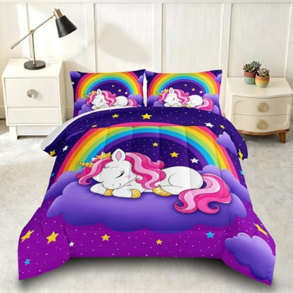 Cute Unicorn Twin Size Comforter Set for Girls with 2 Pillowcases.