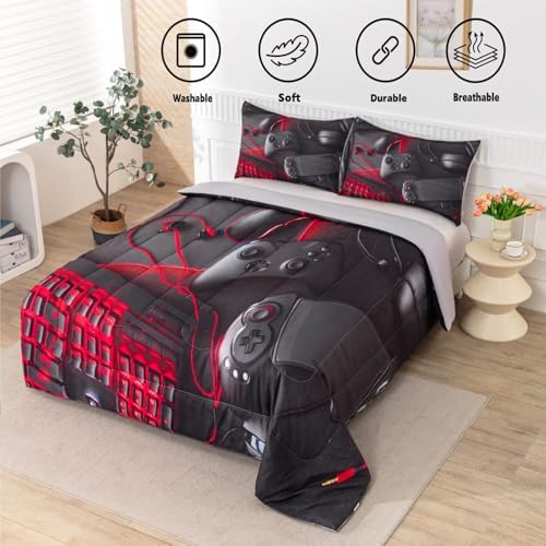 Gaming Comforter for Boys Teens,Game Bedding Sets Queen,Kids Gamer Comforter Set,Video Game Bedroom Bed Set Controller Duvet All Season 3 Piece