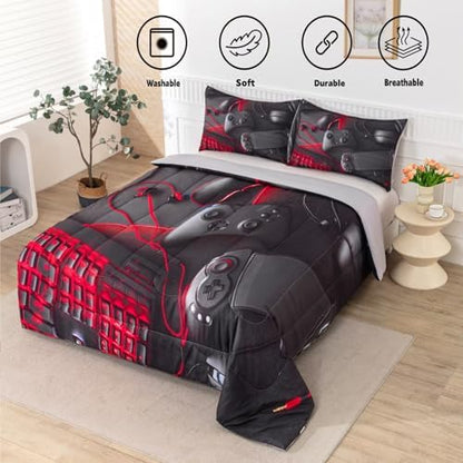 Gaming Comforter for Boys Teens,Game Bedding Sets Queen,Kids Gamer Comforter Set,Video Game Bedroom Bed Set Controller Duvet All Season 3 Piece