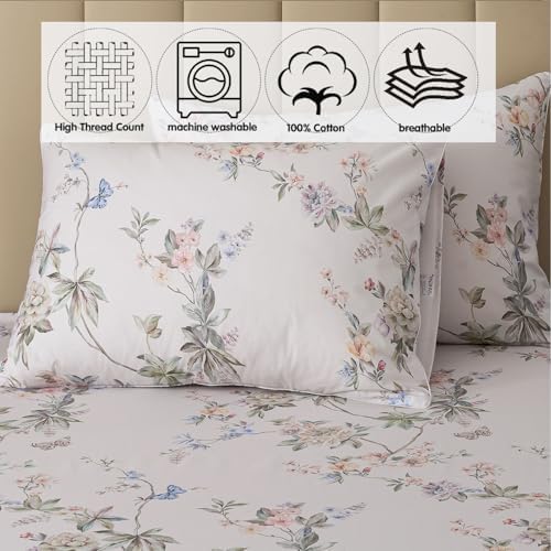 FADFAY California King Sheet Set Percale Cotton, Soft Deep Pocket Fitted Sheet, Country Style Floral & Butterfly Pattern Bedding for All Seasons, Crisp & Breathable for Hot Sleepers,4Pcs