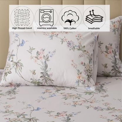 FADFAY California King Sheet Set Percale Cotton, Soft Deep Pocket Fitted Sheet, Country Style Floral & Butterfly Pattern Bedding for All Seasons, Crisp & Breathable for Hot Sleepers,4Pcs