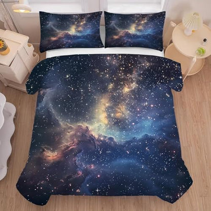 Galaxy Comforter Set Twin Size Space Bedding for Kids Girls Boys Starry Sky Cloud Glitter Stars Moon Bedroom Decor Quilt Bed Sets, 1 Comforter 1 Pillowcase