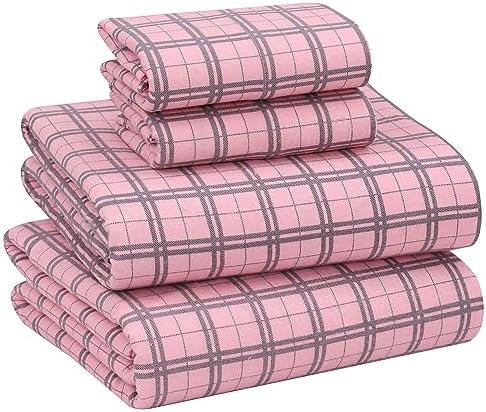 RUVANTI Flannel Sheets Set King Size, Check & Bolt Pink
