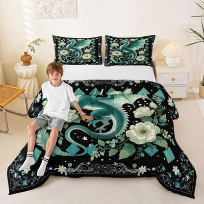 Feelyou Dragon Bedding Set Soft for Boys Girls, Magical Beast Comforter Set Full Size Jungle Dragon Duvet Quilt Microfiber Wild Animal Bedroom Decor Fantasy Animal 3 Pcs with 2 Pillow Cases