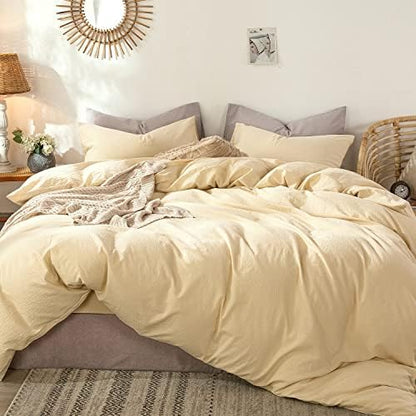 MooMee Duvet Cover Set 100% Washed Cotton Linen Like Queen