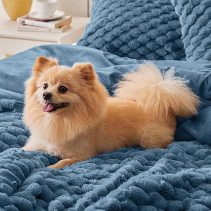 BEDELITE Fluffy Cal King Comforter Set, Blue Fog Fleece Bed Set 3 Pieces