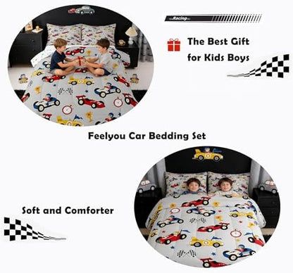 Feelyou Kids Cartoon Car Comforter Set King Size Racing Car Bedding for Boys Girls Room Game Decor Soft All Season