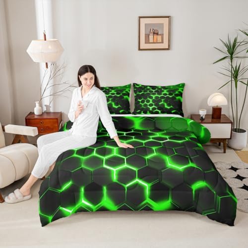Erosebridal Geometric Comforter Set Full Size,Teen Boys Green Black Neon Light Honeycomb Bedding Sets,Hexagon Comforter Modern Fashion Quilted Duvet 2 Pillow Cases Home Room Decor