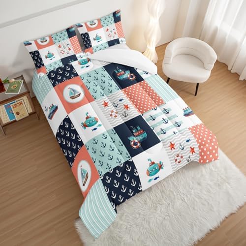 HOSIMA Nautical Bedding Set,Plaid Patchwork Pattern Hand Painted Seaplane,Boat and Anchor Comforter for Boys Kids Girls Bedroom Decor,Sea Adventure Theme Comforter Queen Size with 2 Pillowcases.
