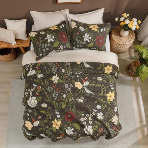 Litanika Floral Dark Brown Quilt - 3Pcs Botanical Birds Pattren Bed Set