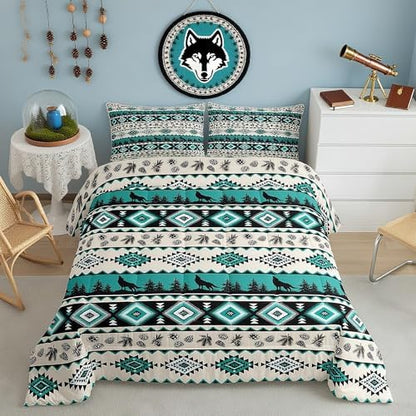 Aztec Geometric Comforter Set Full Size,Southwest Tribal Ethnic Kids Bedding Set,Wolf Rustic Cabin Quilt Comforter,Beige Retro Duvet Insert,2 Pillowcases