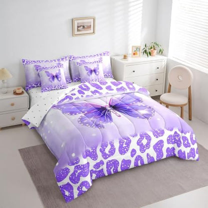 Feelyou Cute Butterfly King Comforter Set with Sheets for Kids Boys Girls Leopard Print 7 Pieces Bedding Set Butterflies Print Bed in a Bag Glitter Dreamy Princess Soft