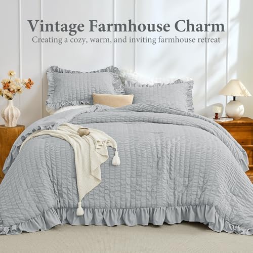 JOLLYVOGUE Light Grey Oversized Queen Comforter Set,3pcs Seersucker Bed Set