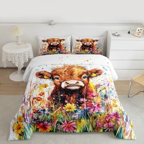 jejeloiu Cute Cow Comforter Set Highland Cattle Bedding Set Twin Size 2 Pcs