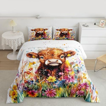 jejeloiu Cute Cow Comforter Set Full Size Highland Cattle Bedding Set for Kids Boys Girls Flower Farmhouse Duvet Quilt Wildlife Bedroom Decor Microfiber 3 Pcs with 2 Pillow Cases