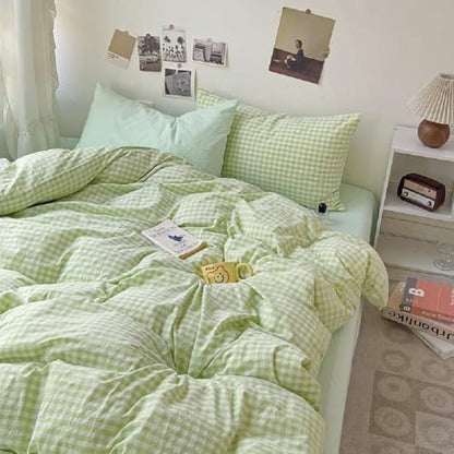 LifeTB Green Gingham Comforter Set King 3 Pieces Green Plaid Grid Bedding Comforter Geometric Checkered Pattern Comforter Set with 2 Pillowcases Fluffy Soft Farmhouse Plaid Gingham Bedding Set
