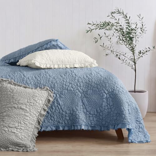 HORIMOTE HOME Blue Ruffled Quilt Queen Size, Stone-Washed Microfiber Lightweight Crinkled Farmhouse Rustic Shabby Chic Bedding Set, 3 Pieces Reversible Bedspread with Pillow Shams for All Season