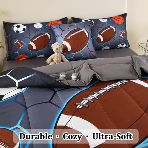 4 Pcs Sports Bedding Set for Boys Twin, Basketball Baseball Football Soccer Bedding Twin Boys Comforter Set
