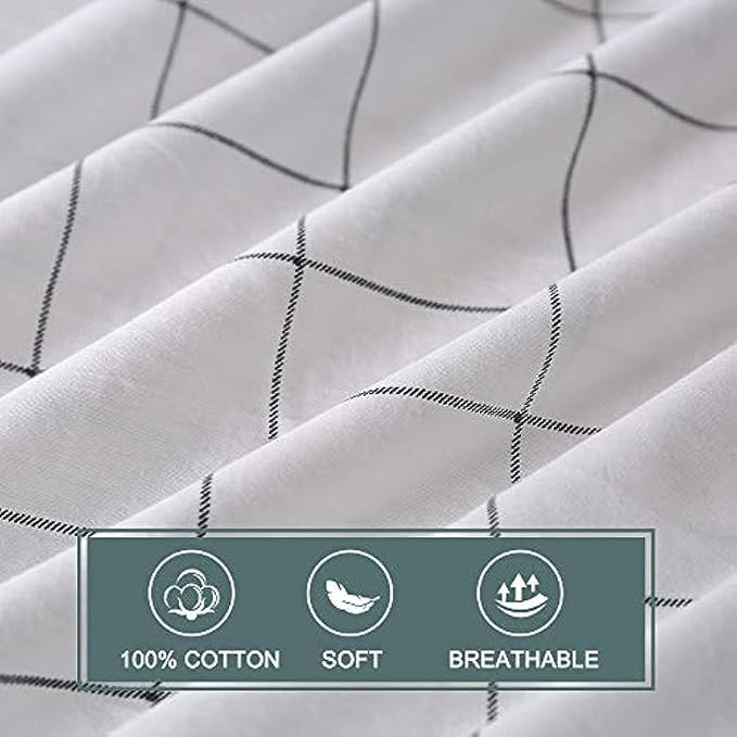 JELLYMONI 100% Natural Cotton 2pcs Plaid Duvet Cover Sets,White with Black Grid Geometric Pattern Printed Comforter Cover,with Zipper Closure & Corner Ties(Twin 66×92)