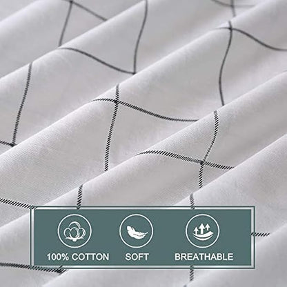 JELLYMONI 100% Natural Cotton 2pcs Plaid Duvet Cover Sets,White with Black Grid Geometric Pattern Printed Comforter Cover,with Zipper Closure & Corner Ties(Twin 66×92)