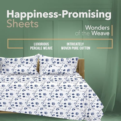TEXAS LINEN CO. 100% Organic Cotton Printed Sheets California King Size - 4 PC Organic Cotton Cal King Percale Weave Sheet Set, Soft, Cooling & Crisp, 16" Deep Pocket Hotel Bedding Set (Floral Blue)