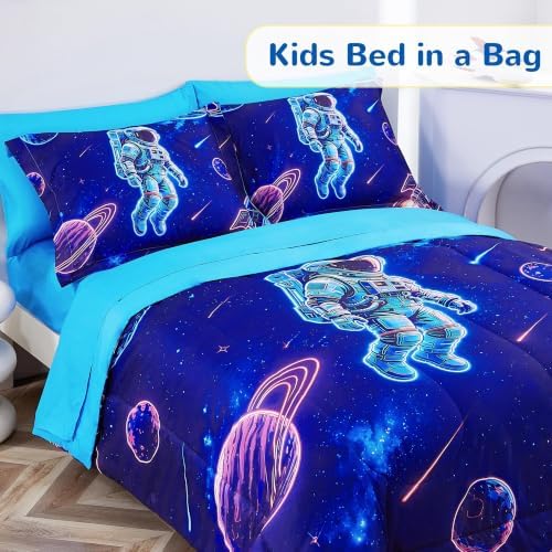 Viviland Kids Bedding Set Twin Size Comforter Sets, Bed in Astronaut Cover Set for Children