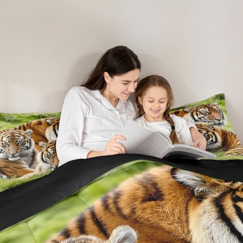 Erosebridal Tiger Bedding Set Queen,Safari Animal Comforter Set for Kids Boys Teens Adults Men,Tigers Family Down Comforter Cool Wildlife Bedding Sets Green African Grassland Quilt Duvet Set 3 Pcs