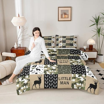Manfei Deer Antlers Animals Silhouette Comforter Set Full,Camo Geometric Checks Bedding Set 3pcs for Kids Adults Room Decor,Nordic Boho Arrow Quilt Set,Vintage Green Duvet Insert with 2 Pillowcases
