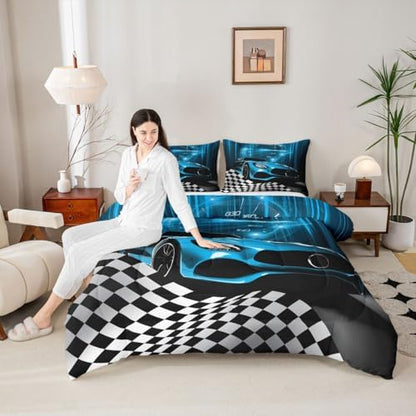 Erosebridal Teal Race Car Comforter Set for Toddler Boys,Glitter Ombre Line Art Toddler Bedding Sets for Boys Neon Light Sports Car Dashboard Quilt,Black and White Grid Lattice Buffalo Plaid Decor