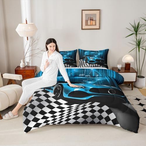 Erosebridal Teal Race Car Comforter Set for Toddler Boys,Glitter Ombre Line Art Bedding Set Neon Light Sports Car Dashboard Quilt Twin,Black and White Grid Lattice Buffalo Plaid Decor