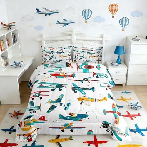 Cute Airplane Comforter Set Queen Size Kids Boys Cartoon Plane Bedding Set 3pcs Colorful Aviation Aircraft Quilted Duvet Graffiti Star Lines White Duvet Insert Teens Bedroom Decor,2 Pillowcases