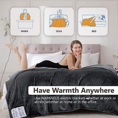 Wapaneus Heated Blanket Full 72" x 84" Electric Throw 10 Heating Levels 12 Hours Time Setings and Auto-Shut Off, Flannel Fast-Heating Electric Blanket, Grey