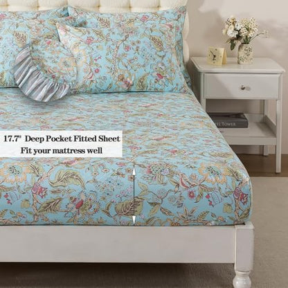 FADFAY Full Sheet Set 4 Piece 100% Egyptian Cotton Bed Sheets Deep Pocket, Soft Breathable Vintage Blue French Country Bedding Shabby Cottagecore Floral Bedding Luxury Hotel Quality for All Seasons