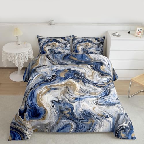jejeloiu Blue Gray Gold Marble Bedding Set Soft for Boys Girls, Modern Marble Aesthetic Comforter Set King Size Retro Watercolor Duvet Quilt Abstract Texture Bedroom Decor 3 Pcs with 2 Pillow Cases