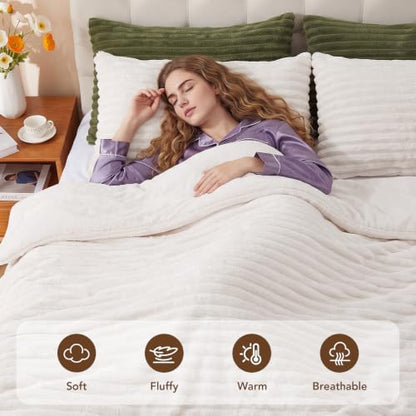 HYLEORY Fluffy King Comforter Set 3 Pieces - Fleece Fluffy Soft & Warm Plush Cream White Comforter Sets, Luxury Fuzzy Bedding Sets, All Season Heavy Bed Set King Size with 2 Pillowcases
