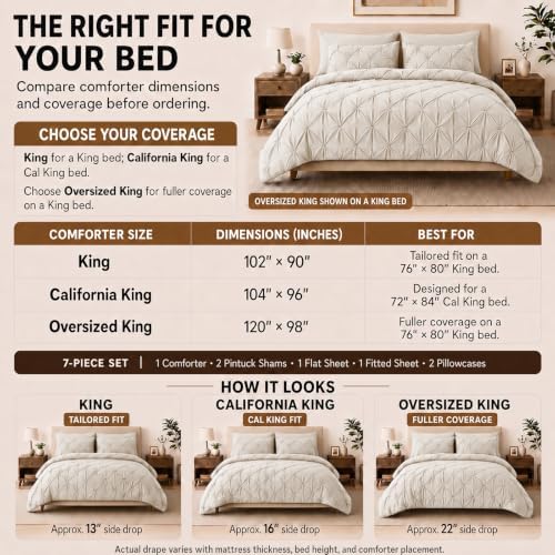 HIMEET King Size Comforter Set Beige - 7 Pieces Pintuck Bed in a Bag
