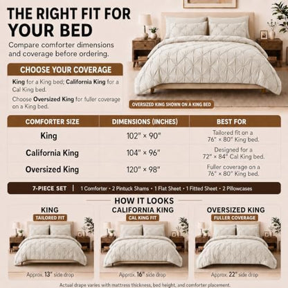 HIMEET King Size Comforter Set Beige - 7 Pieces Pintuck Bed in a Bag