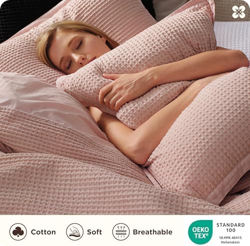 Bedsure PureWoven 3 Pieces 100% Cotton Waffle Duvet Cover Set, King, Pink