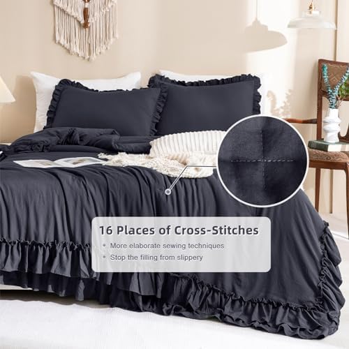 Masaca Shabby Comforter Set Queen,Farmhouse Rustic Boho Bedding Ruffled Comforter Set,Vintage Dark Grey Ruffle Comforter for Queen Bed Fluffy Aesthetic French Country Bedding 3 Pieces