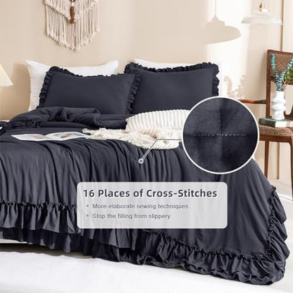 Masaca Shabby Comforter Set Queen,Farmhouse Rustic Boho Bedding Ruffled Comforter Set,Vintage Dark Grey Ruffle Comforter for Queen Bed Fluffy Aesthetic French Country Bedding 3 Pieces