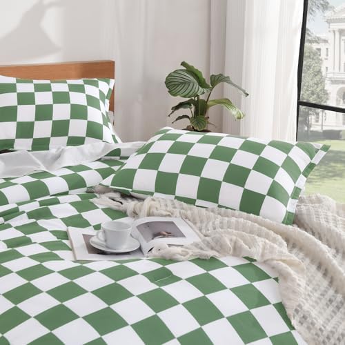 Andency Checkered Comforter Queen, Green White Gingham Plaid Bedding Set