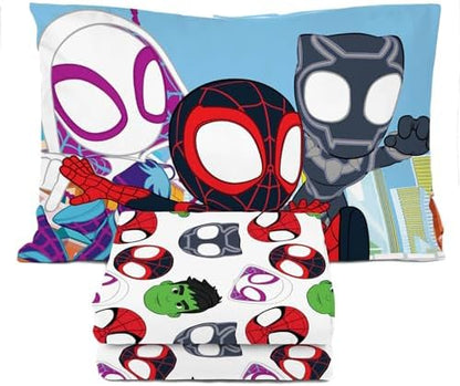 Sunny Side Up Spidey & His Amazing Friends Toddler Sheet Set - 3 Piece Toddler Bedding Set Includes Pillow Cover - Super Soft Superhero Microfiber Sheets Features Miles Morales & Ghost Spider