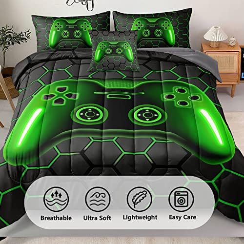 Gamer Bedding Set, 5 Piece Twin Size, Green, for Boys Girls Kids Teens, Video Game Bedding Decorative Bed in a Bag with Comforter, Sheets, Pillow Case, Cushion Cover