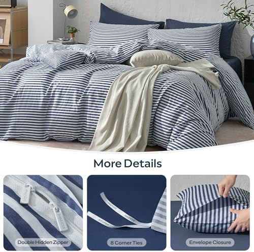 JELLYMONI 100% Cotton Printed Striped Queen Duvet Cover Set, Navy Blue