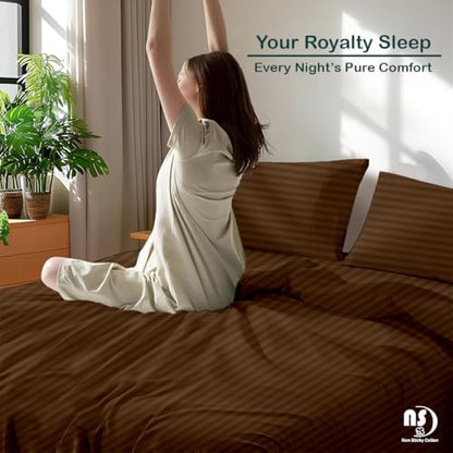 NON Sticky cotton Full 4 Piece Sheet Set, 100% Long Staple Cotton, Soft Cooling Hotel Luxury Bedding Sheets, Deep Pocket Fits 10" to 18" Mattress, 54" x 75", Chocolate Stripe
