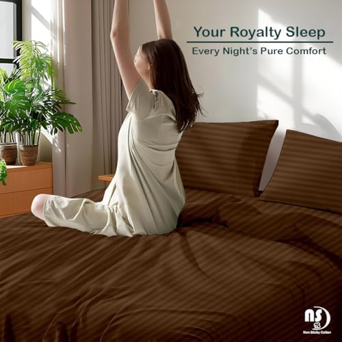 NON Sticky cotton Queen 4 Piece Sheet Set, 100% Long Staple Cotton, Soft Cooling Hotel Luxury Bedding Sheets, Deep Pocket Fits 10" to 18" Mattress, 60" x 80", Chocolate Stripe