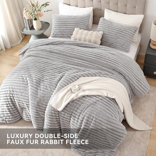 Smoofy Fluffy King Size Comforter 3 PCS - Light Grey Fleece Bedding Set
