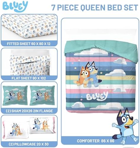 Bluey Bingo Queen Comforter Set 7 Piece Kids Cartoon Bedding, Multi