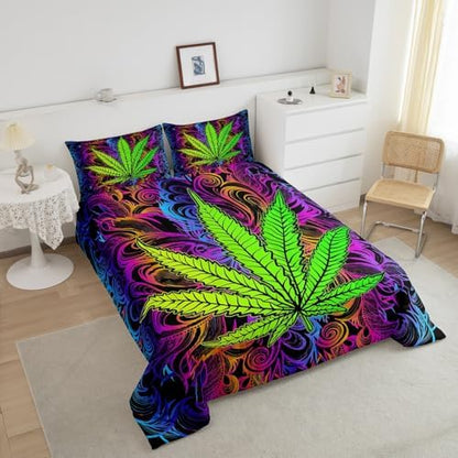 Erosebridal Boho Leaves Down Comforter, Teens Bohemia Leaf Comforter Set Full Size, Botanical Bedding Set for Kids Girls Women, Bohemian Quilted Duvet for Bedroom, Purple Green